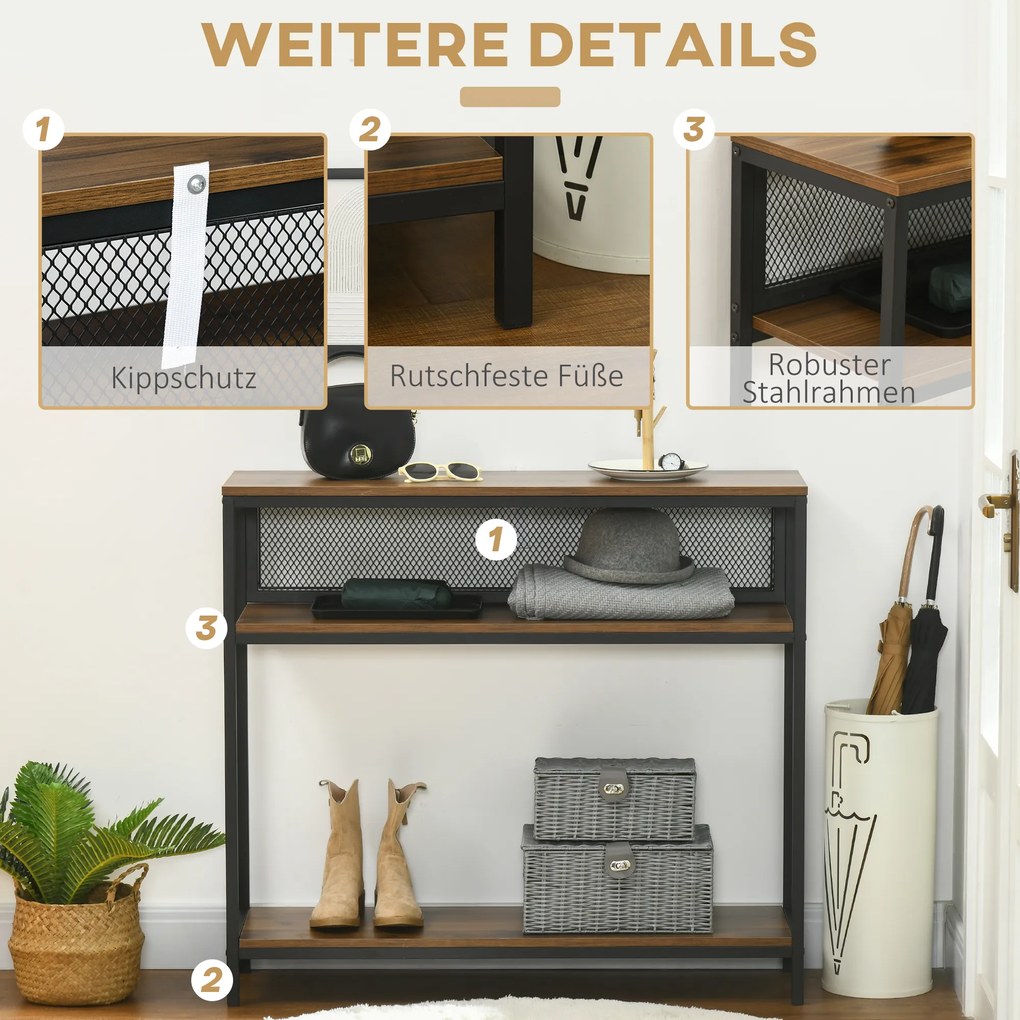 HOMCOM Stół konsolowy do korytarza z 2 półkami Metalowe zabezpieczenie przed przewróceniem Stylowy i funkcjonalny | Aosom PL