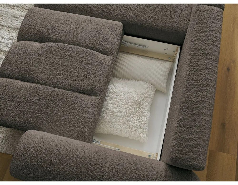 Brązowy rozkładany/ze schowkiem narożnik z materiału bouclé (lewostronny/z szezlongiem) Roxelane – Bobochic Paris