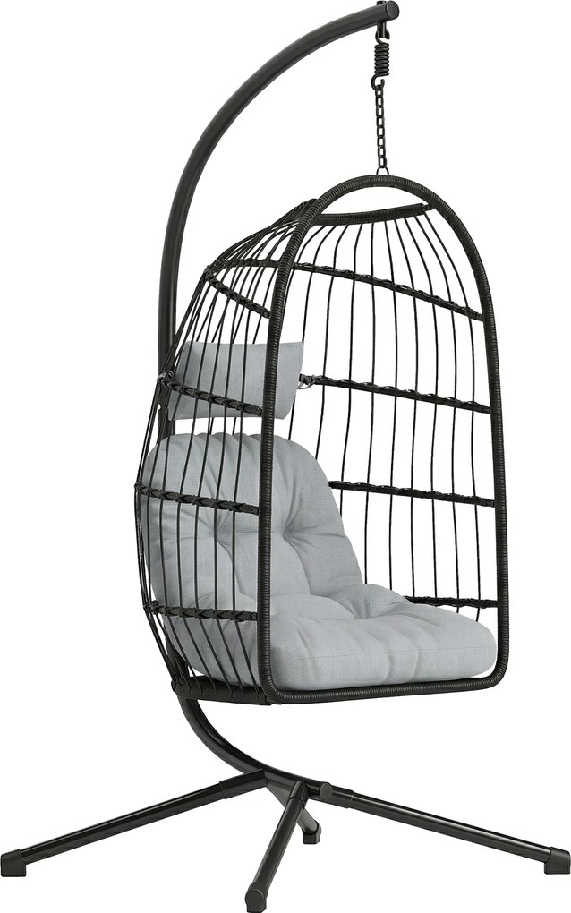 Outsunny Fotel wiszący z ramą, składany, kosz z Polyrattanu z poduszkami, pas bezpieczeństwa, podgłówek, paski, regulowana wysokość | Aosom PL