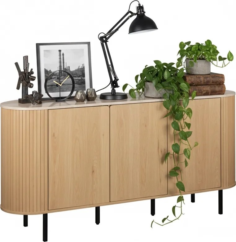 Owalna komoda do salonu ryflowana Fabia 160 cm, dąb/trawertyn