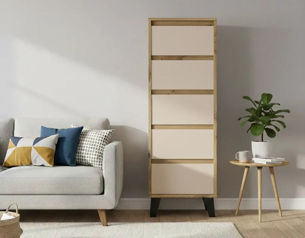 Wąska komoda z szufladami do salonu dąb artisan + kaszmir A5-K03