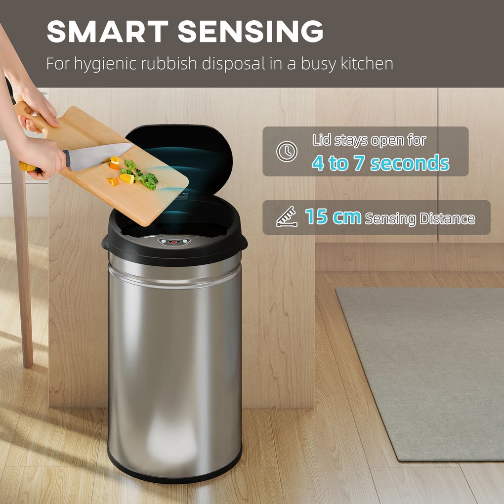 HOMCOM 30 L Kosz na śmieci z czujnikiem z funkcją Soft-Close, bezdotykowy kosz na odpady ze stali nierdzewnej do higienicznych kuchni