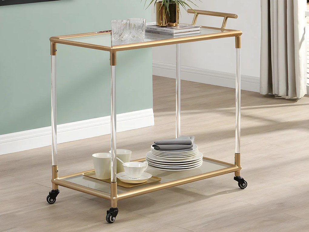 Barek kuchenny na kółkach, podwójne szkło hartowane i metalowy blat  – przezroczysty i złoty – ORULA