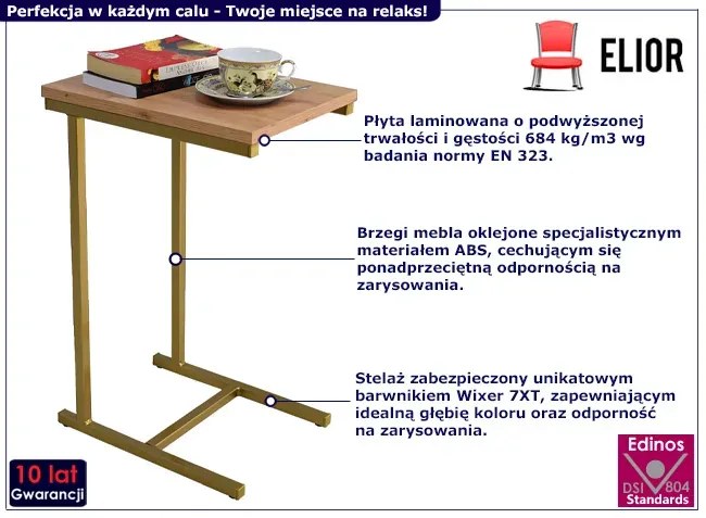Stolik pomocniczy z metalowym stelażem złoty + dąb artisan H3-K20
