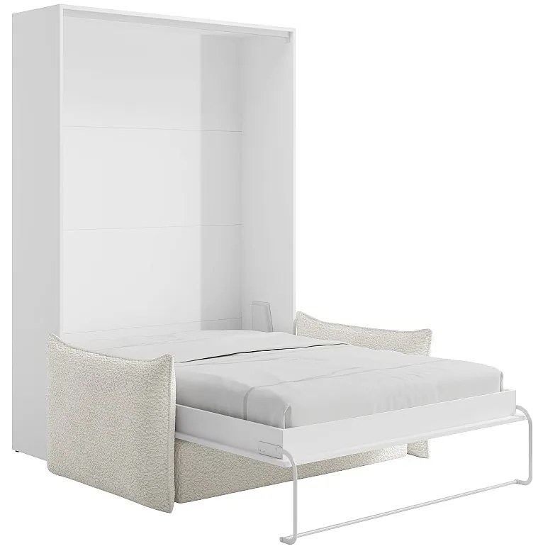 Łóżko chowane w szafie 140 x 200 cm - Ręczne otwieranie pionowe - Białe + Kanapa - BEGANIO