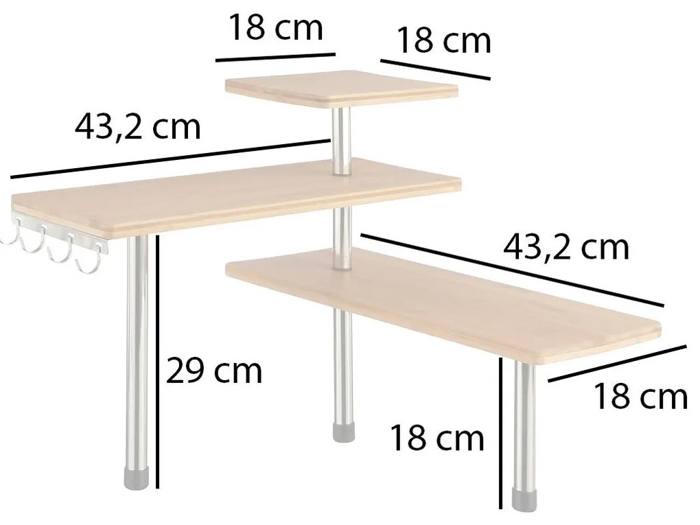 Narożna półka kuchenna, bambusowa - 3 poziomy, 4 haczyki