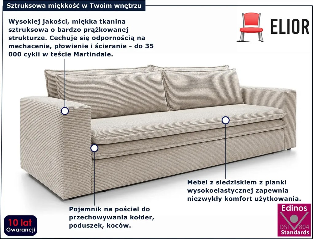Waniliowa sztruksowa kanapa z pojemnikiem N6-E60