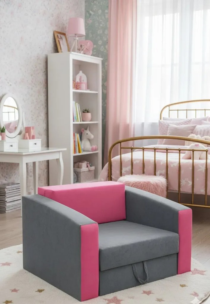Szaro-różowy młodzieżowy fotel rozkładany H7-C92