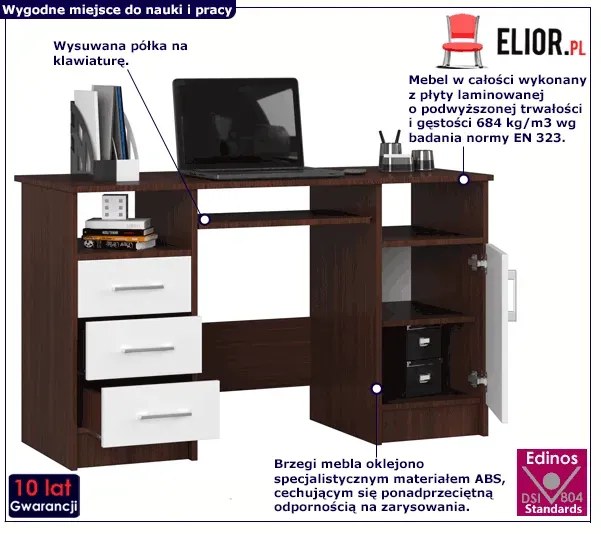 Komputerowe biurko z szufladami wenge + biały - Dopio 2X