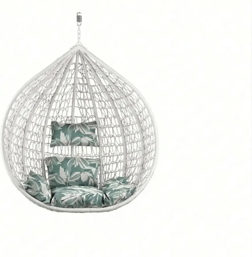 Białe wiszące krzesło KOKON bez stojaka, zielono-biała poduszka