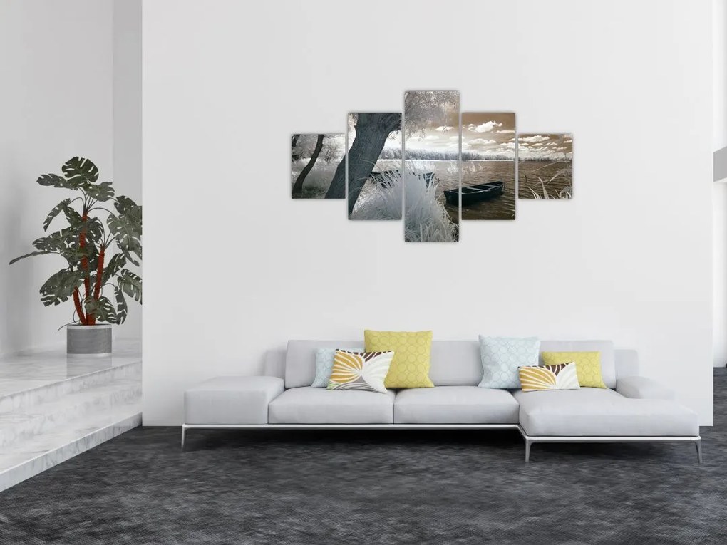 Obraz łodzi na jeziorze (125x70 cm)