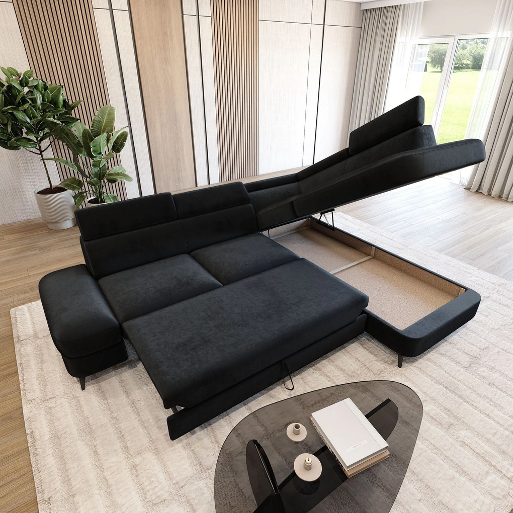 Masseno Narożnik AVISE z funkcją spania i pojemnikiem na pościel Narozniki L, Rozkładana sofa - Czarny, MONOLITH 95