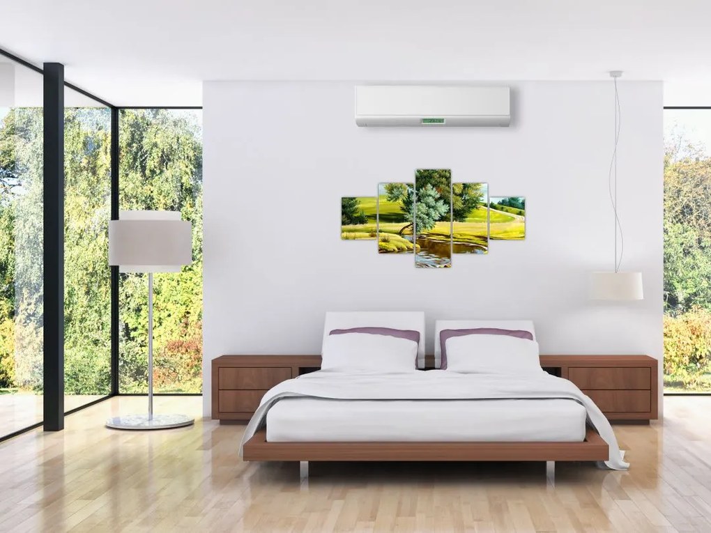 Obraz - rzeka między łąkami, obraz olejny (125x70 cm)