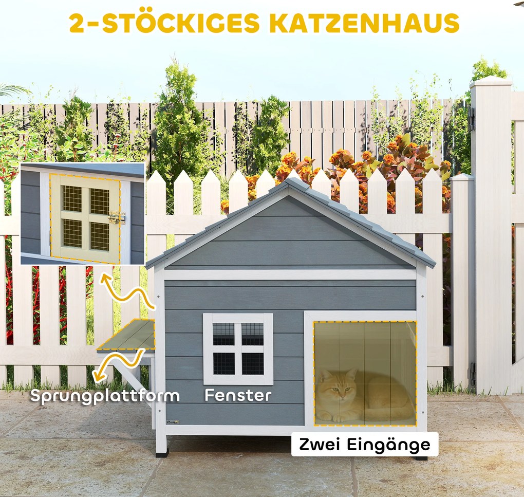 PawHut Domek dla kotów z drewna 2-poziomowa kryjówka z wodoodpornym, otwieranym dachem, boczną platformą, 101x72,5x81cm, Szary | Aosom PL