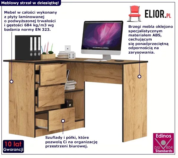 Biurko Narożne Z Szufladami Dąb Craft R9-P48