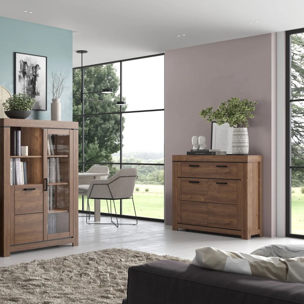 Komoda Dwudrzwiowa z Szufladą Drewniana do Salonu MYTH 112 cm Dąb brązowy Loft