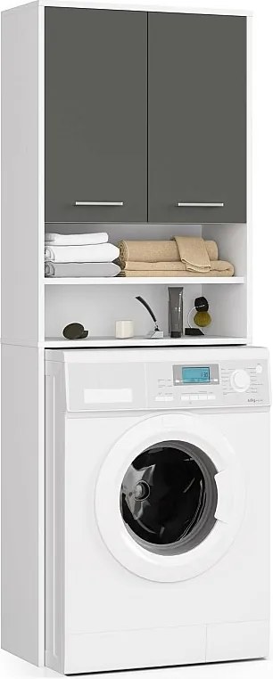 Słupek łazienkowy AKORD FIN do zabudowy pralki Biały 64 cm wnęka 2 drzwi kolor Grafit Szary mat 4 półki 64x30x180 cm