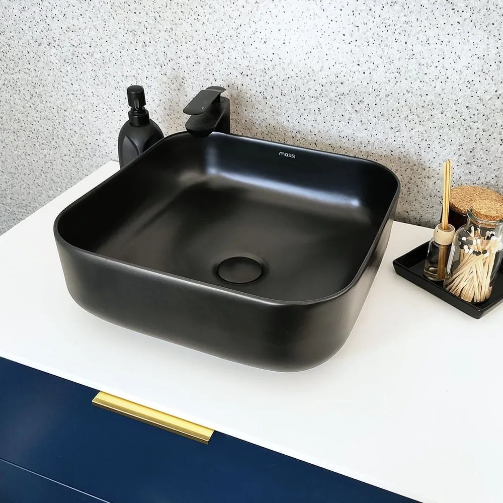 Umywalka ceramiczna nablatowa  kwadratowa czarna bez otworu na baterię 39 x 39 cm ALIZMA z rantem typu Slim