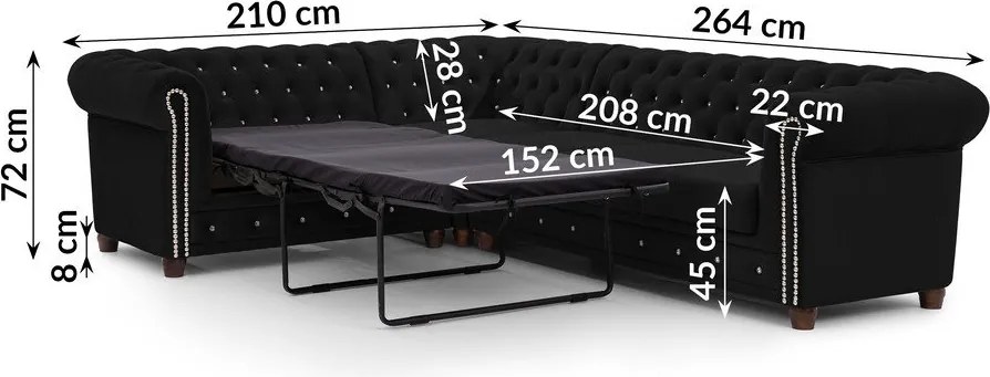 Czarny aksamitny rozkładany narożnik (lewostronny/w kształcie litery L) York Blik – Ropez