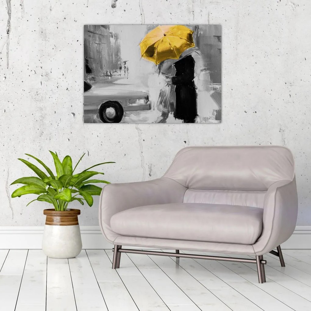 Obraz - Zakochana para pod parasolem, żółty (70x50 cm)