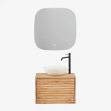 Zestaw Wiszących Mebli Łazienkowych 60x45 Cm Z Drewna Deleyna Naturalna & Cement Okrągły Biały Ø40 Cm Zavion & Kwadratowa Lampa Led I Przeciwmgielna 7