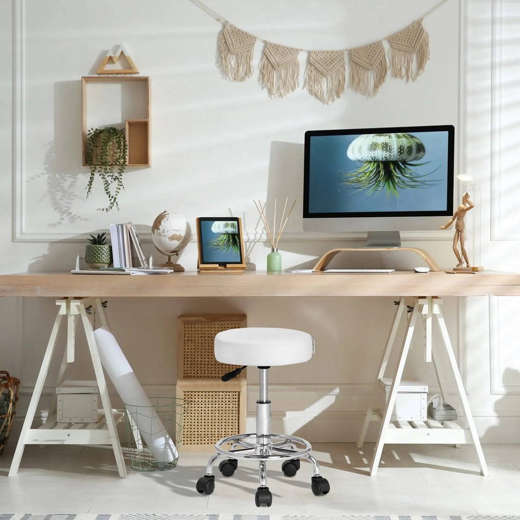 Taboretka na kółkach OXANA z podnóżkiem, Ø35cm, biała Casaria