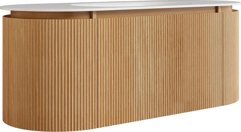 Wisząca szafka łazienkowa z prążkowanego drewna jesionowego z umywalką wpuszczaną z białej matowej żywicy – Jasny naturalny - szer. 120 cm - LILIKO