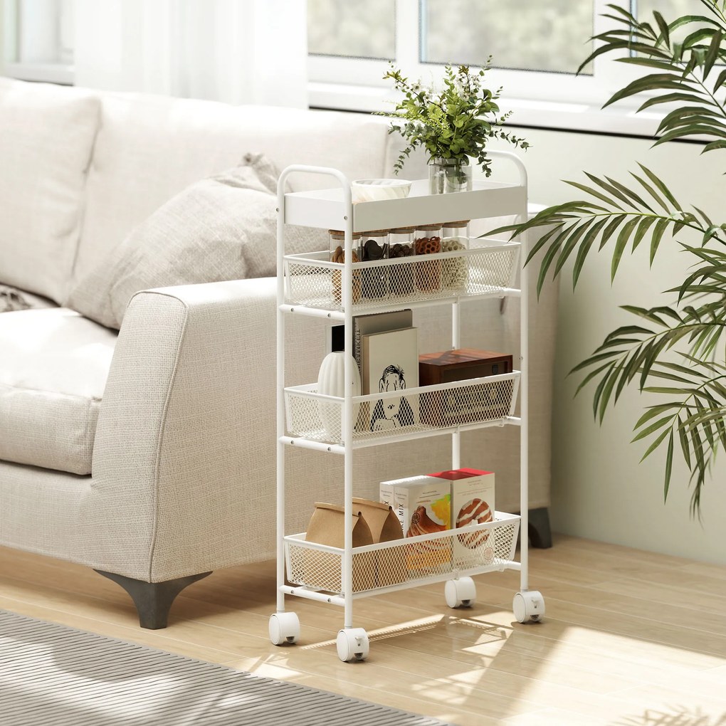 HOMCOM Wózek kuchenny metalowy, 3 kosze, wąski design, 4 koła, do kuchni, salonu, łazienki, biały