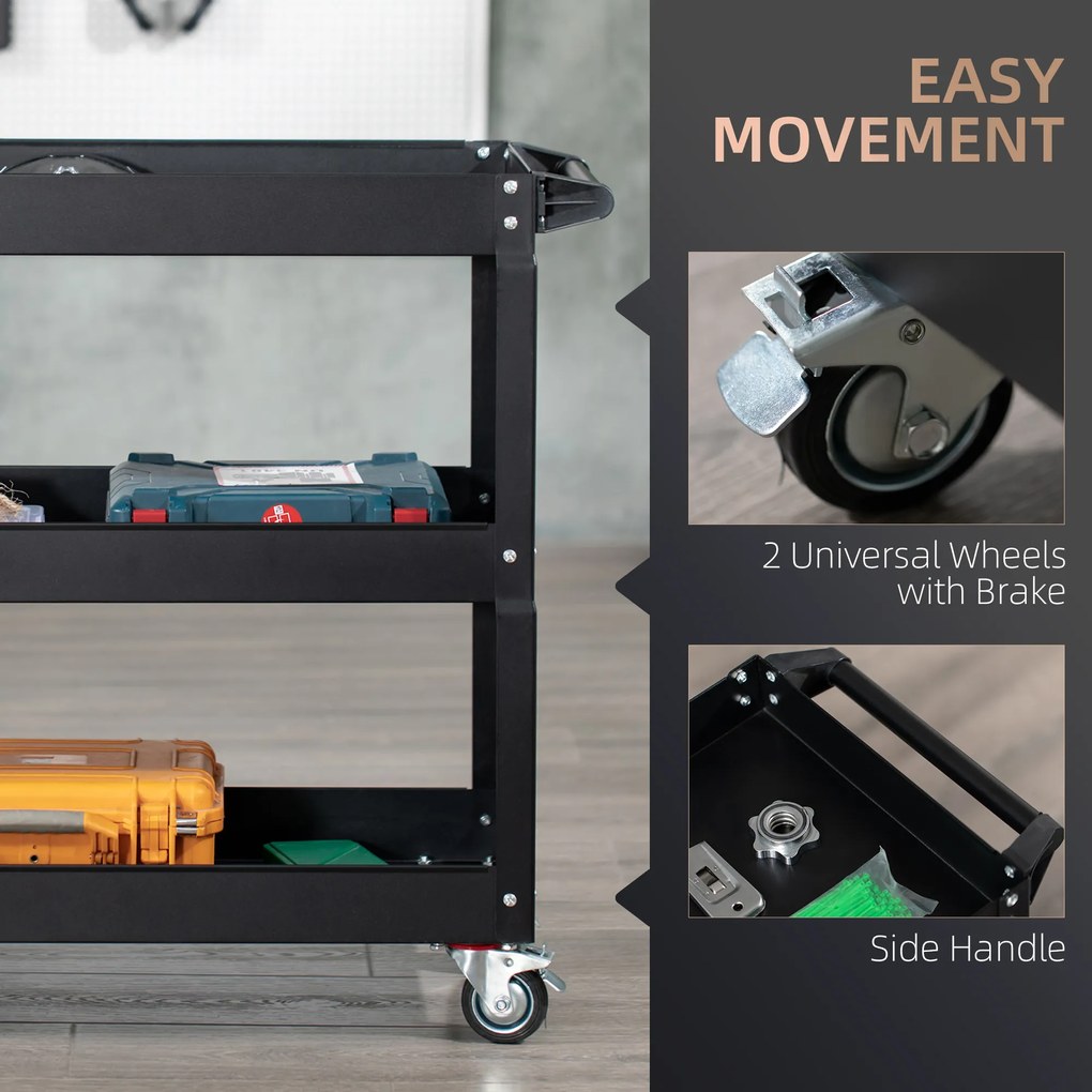 DURHAND Wózek narzędziowy na 3 poziomy, 4 koła, stal, 83Szer x 35,3Gł x 76Wys cm, Czarny