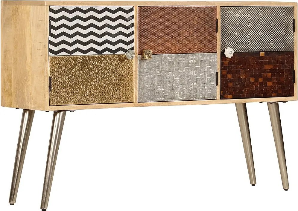 Nowoczesny bufet z litego drewna mango 120x30x75 cm z 3 przegródkami i przesuwanymi drzwiami