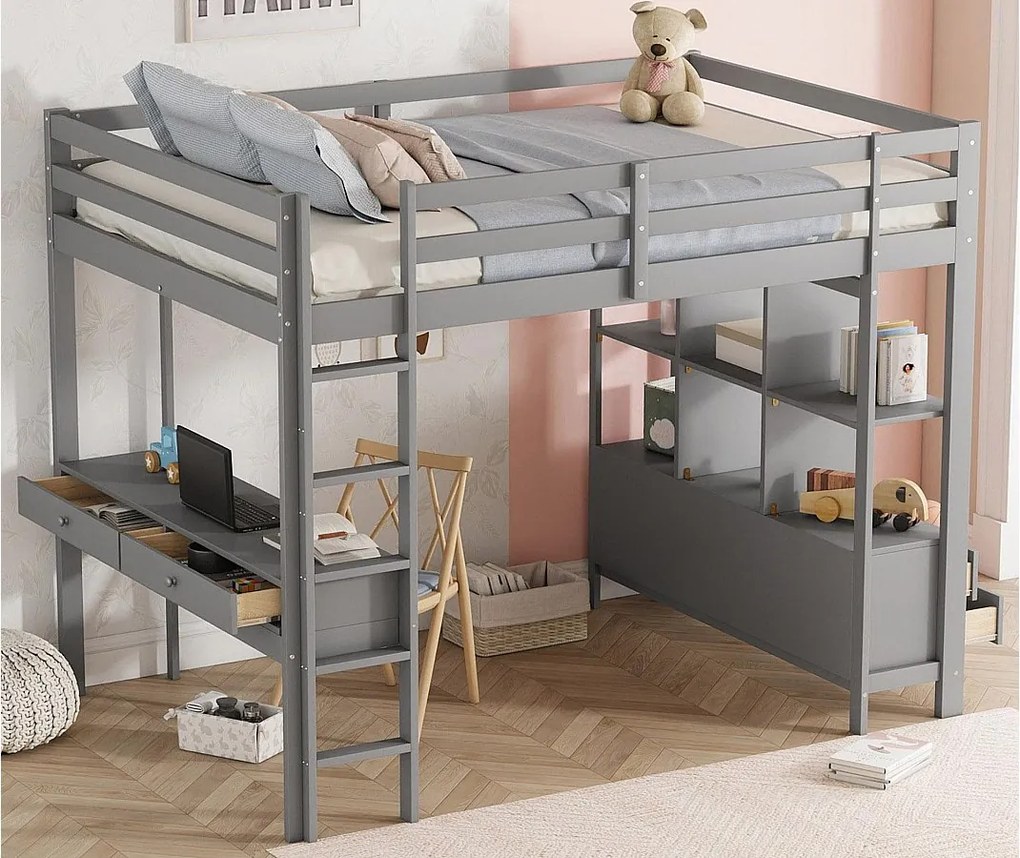 Łóżko mezzanine 140x200cm z litego drewna sosnowego z biurkiem + szufladami + półkami + stelażem na materac - Szary