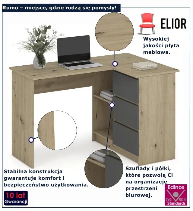 Biurko nowoczesne narożne dąb artisan + grafit N2-H68