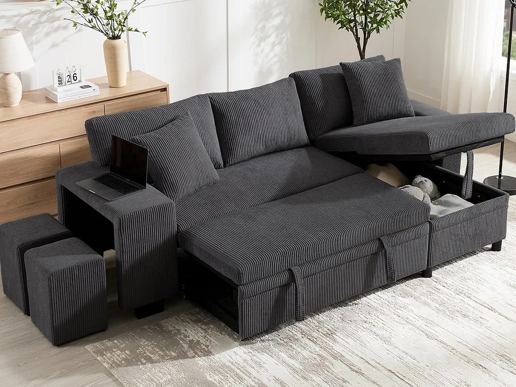 Narożna kanapa 3-osobowa w kształcie L - z portami USB do ładowania - z poduszkami - rozkładana kanapa narożna - szara