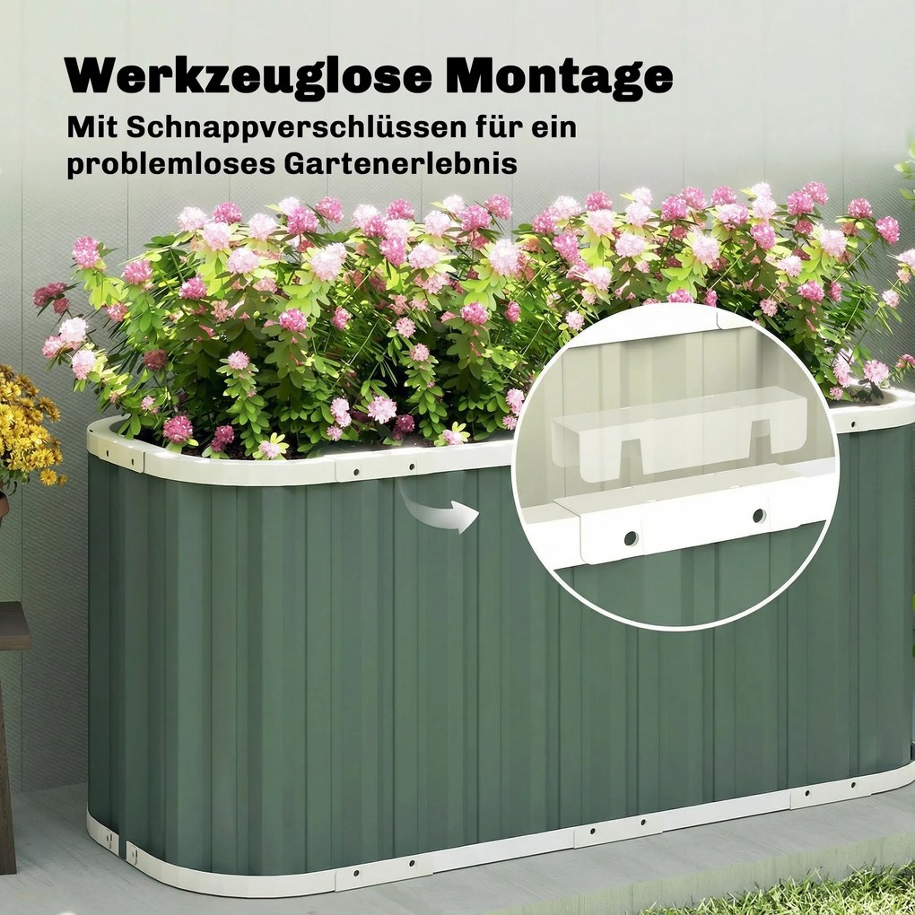 Outsunny Skrzynia podwyższona metalowa 136 x 53 x 61 cm głęboka z ochronnymi krawędziami, etykietami na rośliny i rękawicami, otwarte dno | Aosom PL