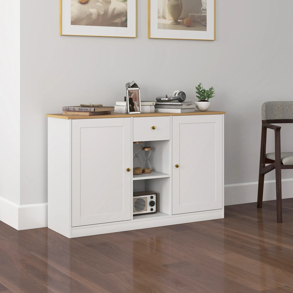 HOMCOM Komoda Kuchenna, Sideboard z Szufladą, Szafkami, Półkami, Płyta Wiórowa, Biała
