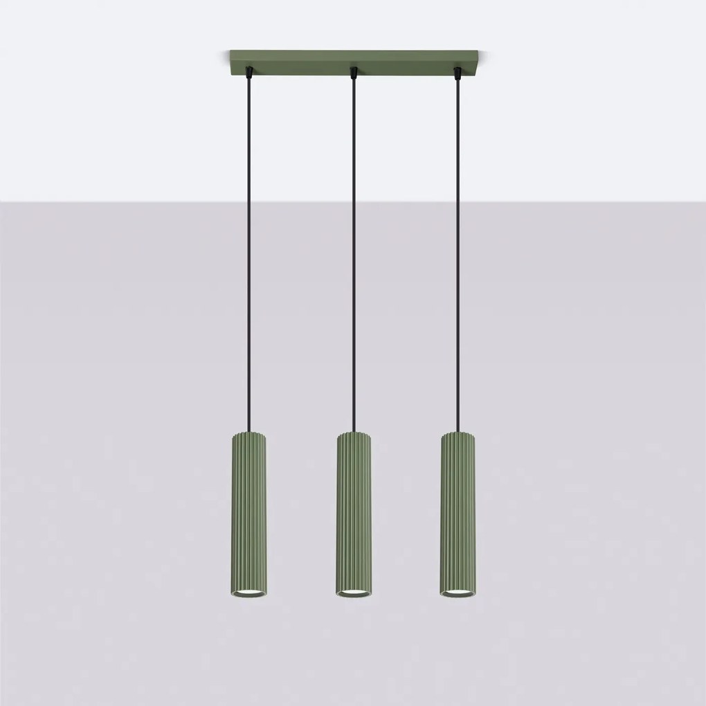 Lampa wisząca KARBON 3L zielona oliwka ryflowana SOLLUX  LIGHTING