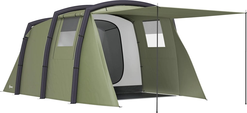 Outsunny Nadmuchiwany Namiot Kempingowy dla 3-6 Osób Tunelowy z Bocznymi Oknami i Drzwiami, Zielony 4,4 x 2,8 x 1,95 m | Aosom PL