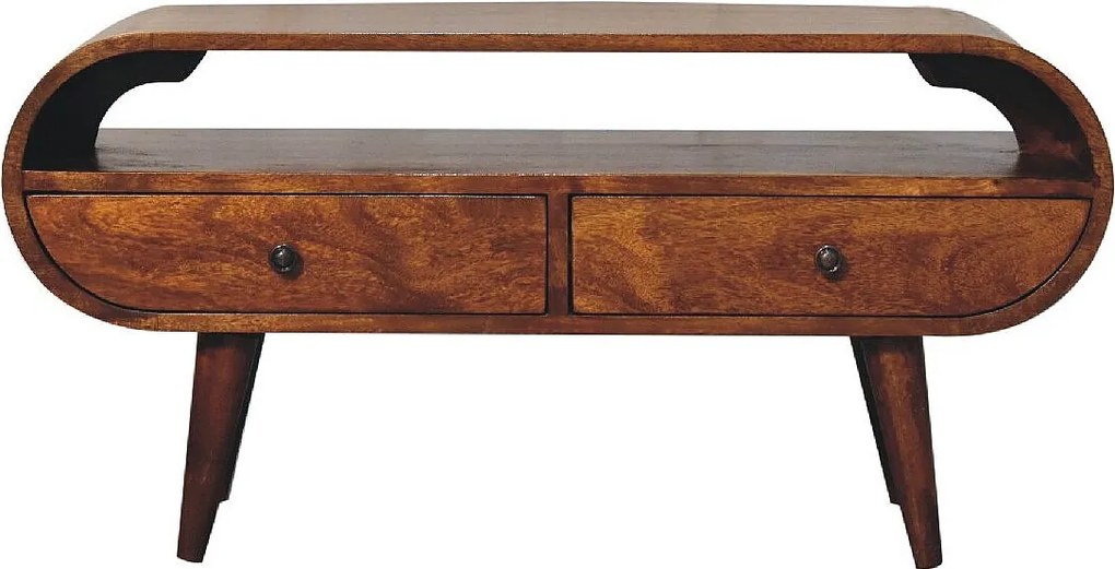 Okrągły mebel pod telewizor Artisan Furniture z drewna kasztanowego, 2 szuflady, 1 otwarta półka, brązowy