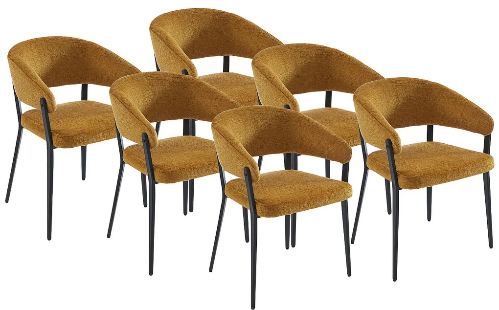Zestaw 6 krzeseł z podłokietnikami z tkaniny i czarnego metalu - Żółty musztardowy - AVRELA
