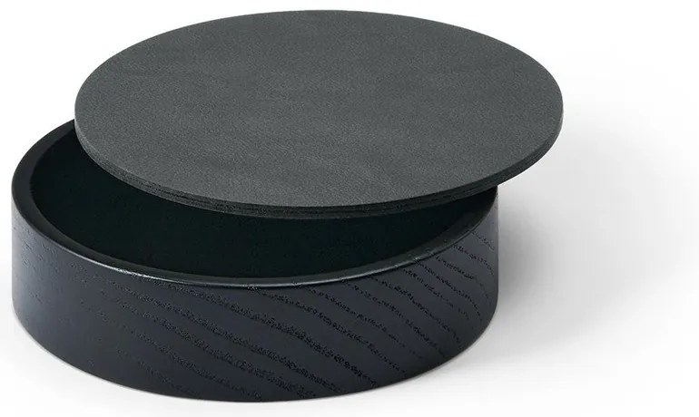 Czarno-antracytowy drewniany/ze skóry ekologicznej pojemnik dekoracyjny z pokrywką ø 11x3,5 cm Circle Nupo – LIND DNA