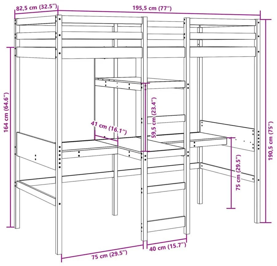 Białe sosnowe łóżko piętrowe z podwójnym biurkiem 75x190 L5-Z70