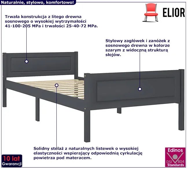Szare drewniane łóżko jednoosobowe 100x200 - Siran 3X