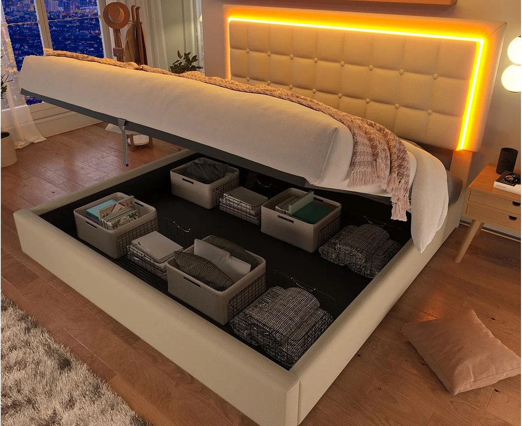 Łóżko z pojemnikiem 160x200cm z LED w skórze ekologicznej - z stelażem na listwy - Białe