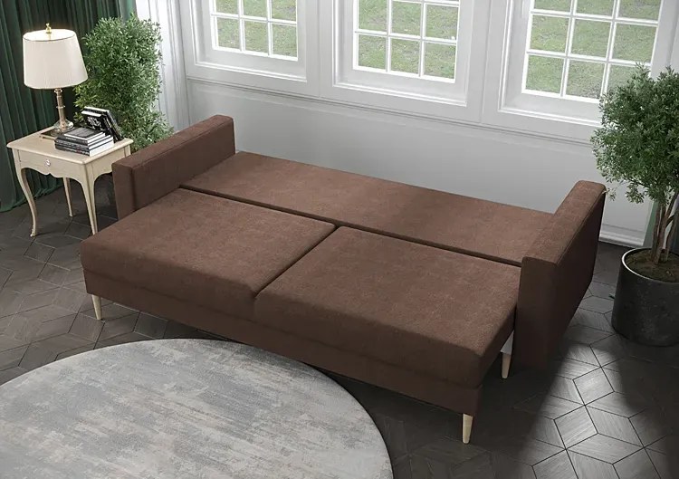 Musztardowa welurowa sofa rozkładana - Diamante