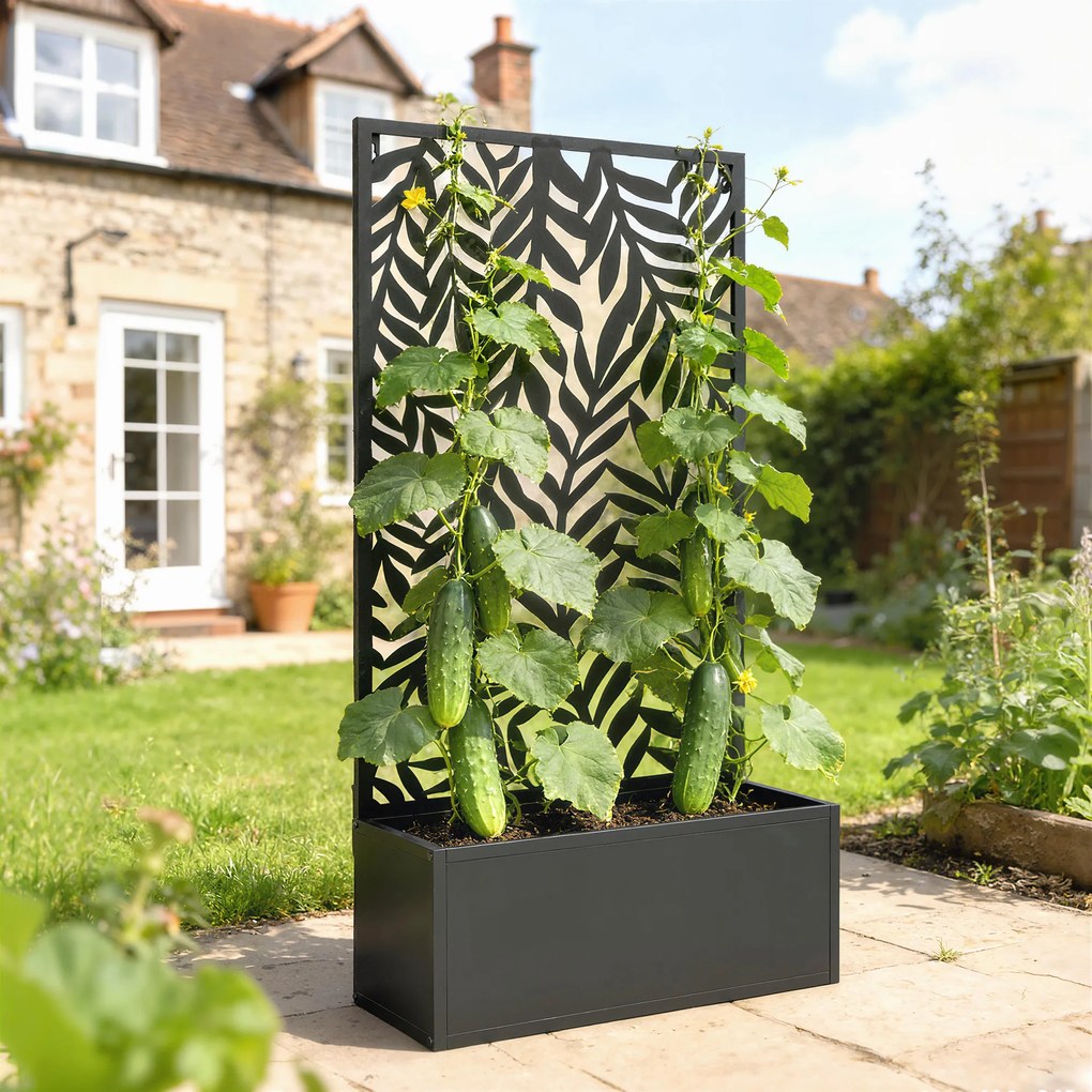 Outsunny Donica z osłoną wizualną Donica z kratką tropikalne motywy liści 61 x 23 x 113 cm Czarny | Aosom PL