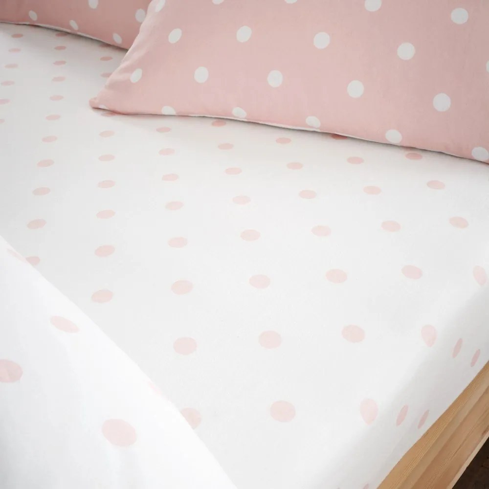 Białe/różowe flanelowe prześcieradło z gumką 90x190 cm Polka Dot – Catherine Lansfield