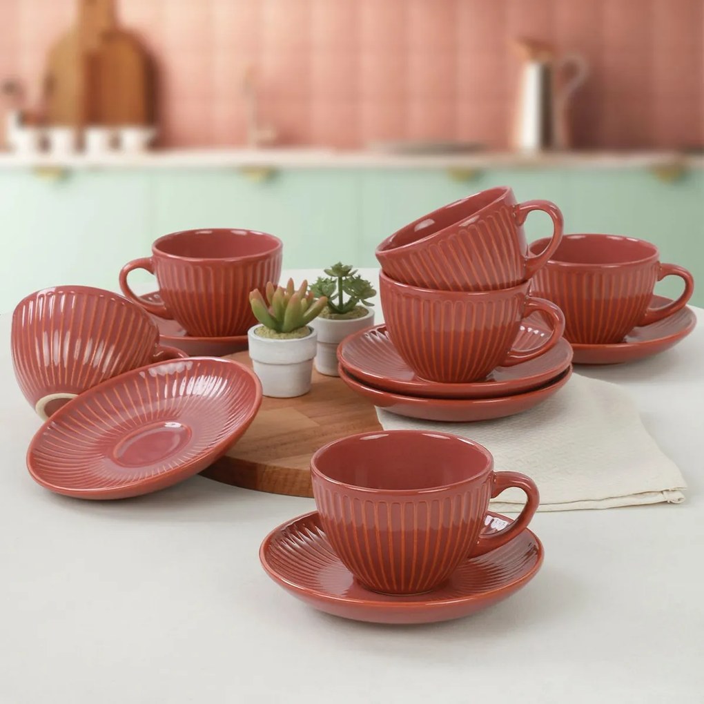 Zestaw 6 filiżanek ceramicznych ze spodkami Linea 210 ml, pomarańczowy