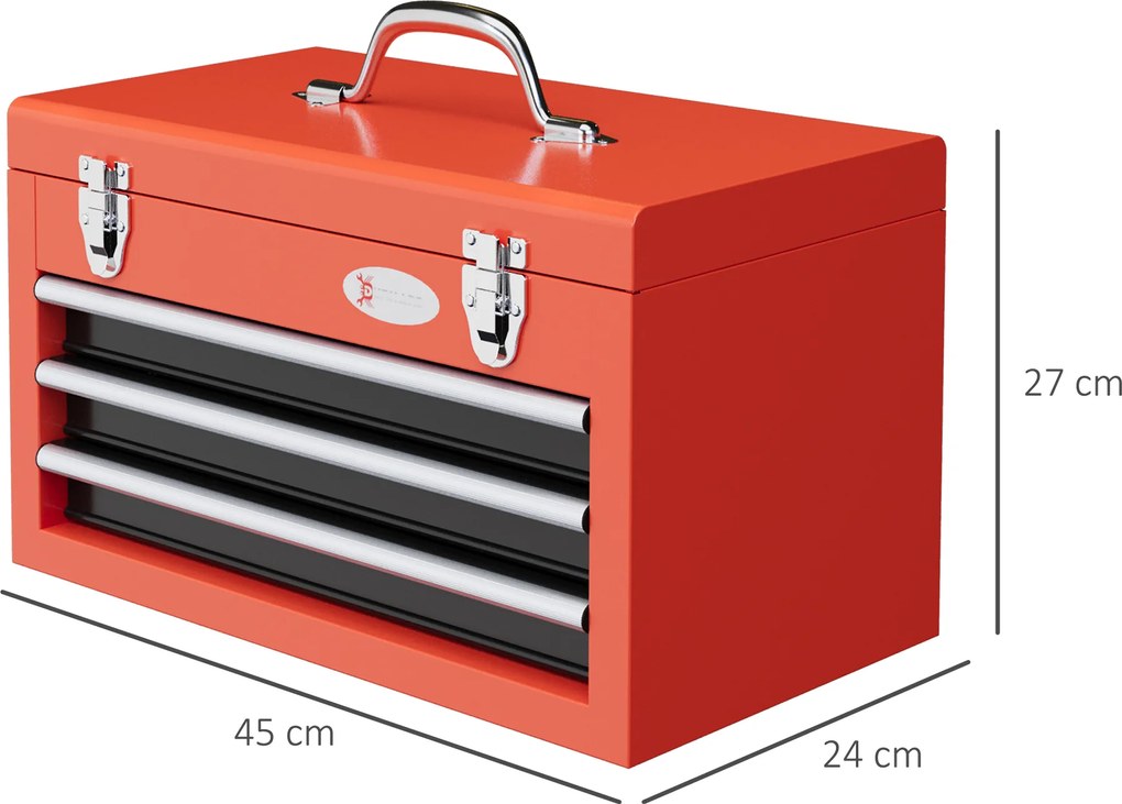 DURHAND Skrzynka narzędziowa z 3 szufladami, 1 komorą, solidne stalowe zamki, 45 x 24 x 27 cm, Czerwona