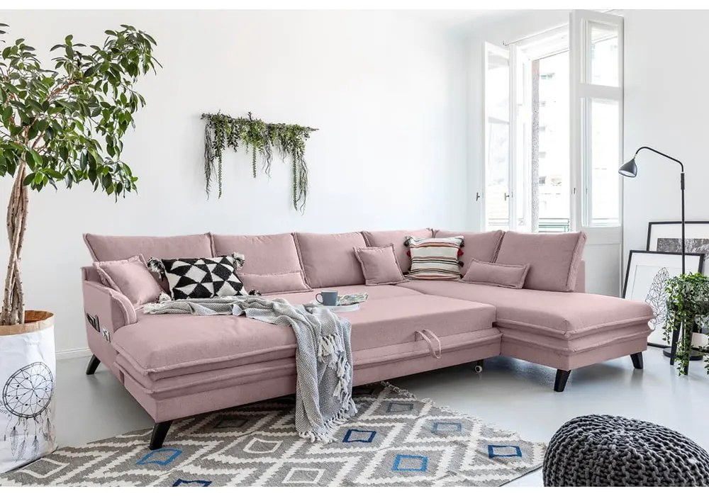 Pudroworóżowa rozkładana sofa w kształcie litery "U" Miuform Charming Charlie, prawostronna