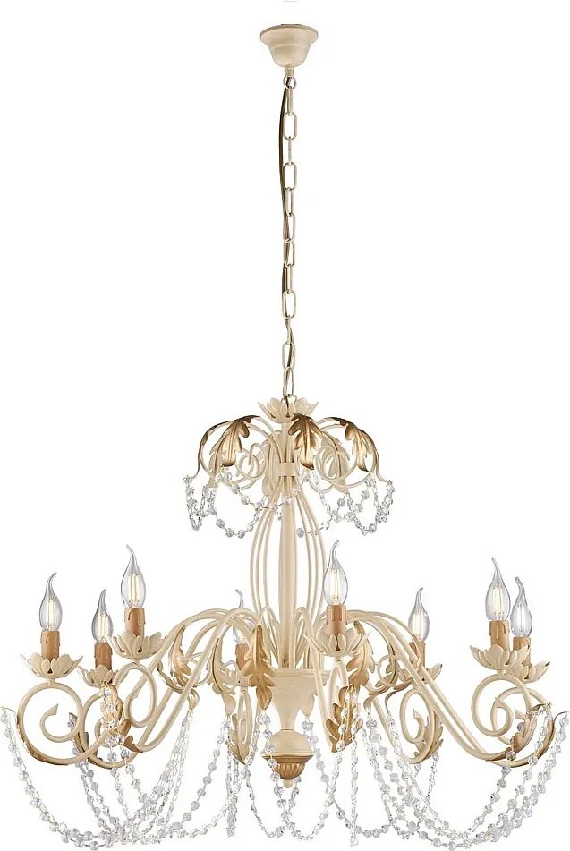 Damascus - żyrandol z lakierowanego żelaza w kolorze kości słoniowej, dekor piklowany, stare złoto, cyrkonie kryształowe, 8 świateł, Ø90 cm